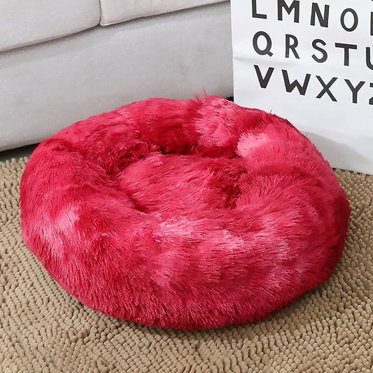 Calming Dog Bed for Small Dogs, Calming Donut Cuddler Pet Bed Anti Anxiety Round Dog Bed Fluffy Plush Faux Fur Cat Bed,Wine red,19.7IN