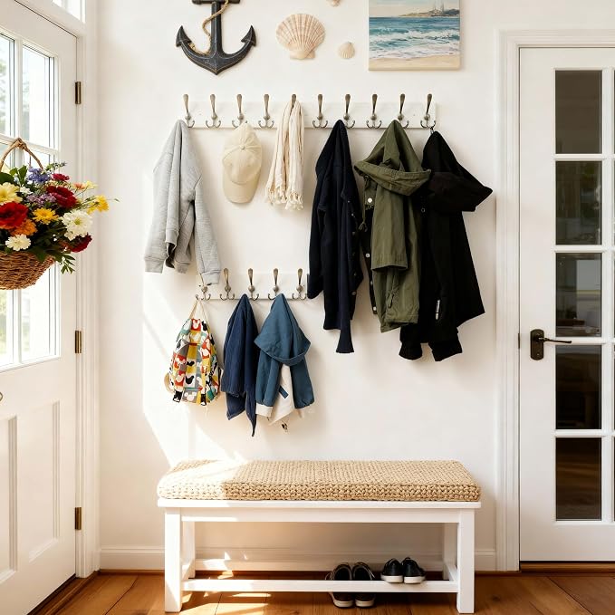 SKOLOO Creations White Solid Wood Wall Mounted Coat Rack, 10 Hooks, 38-1/8" Long