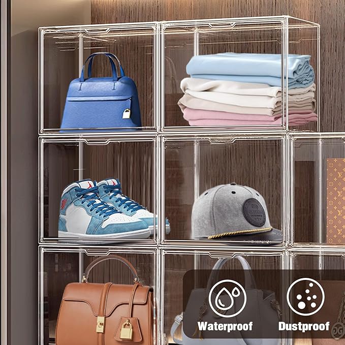 10 Pack Purse Organizer for Closet, 14.1''x8.6''x10.9 '' Clear Acrylic Display Case with Magnetic Door, X-Large Plastic Stackable Handbag Organizer for Collectibles, Figures, Size 14 Shoes, Cosmetic