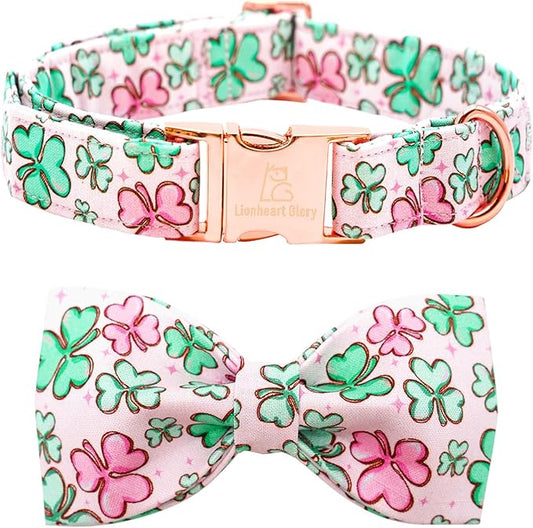 Lionheart glory Dog Bow Collar St. Patrick's Day Dog Collar for Medium Dogs, Adjustable Green Collars Lucky Clover Shamrock Dog Collar with Bowtie Pet Collar Bows