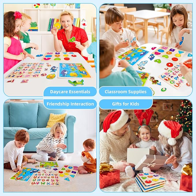 Wooden Peg Puzzles for Toddlers 3 4 Year Old, 4 Pack Montessori Toys Preschool Learning Puzzles for Toddlers with Animals, Shapes, Alphabet, Wooden Toddler Toys Gifts for Kids Boys Girls