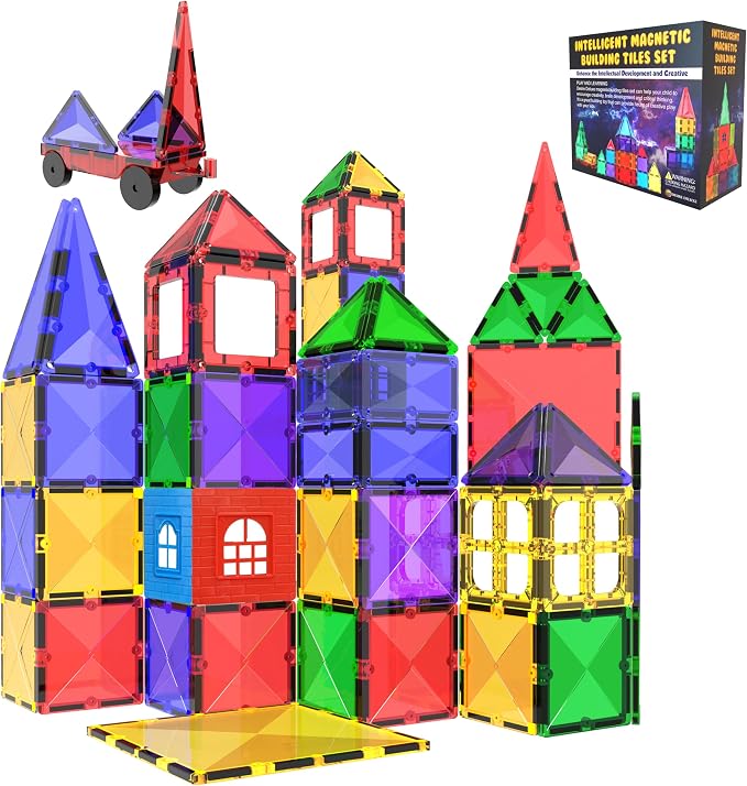 Magnetic Tiles Building Blocks Toy - STEM Educational Magnet Set for Kids, Creativity Preschool Learning Sensory Montessori Toddler Toys for Boys & Girls 3+ Years Old - 57PC