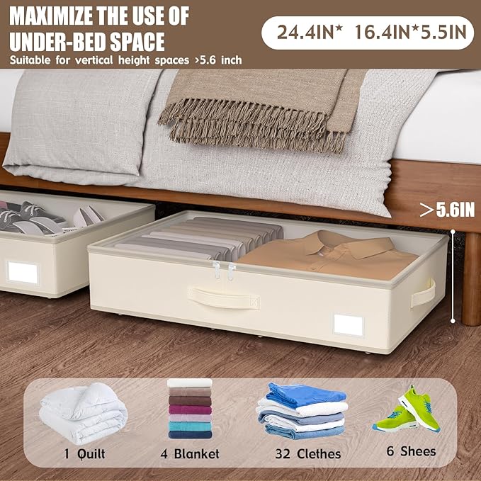 Under Bed Storage with Wheels, No Assemble Required 5.5 inches height beige under bed storage bins,Low Profile Rolling Underbed Shoe Storage containers，dorm underbed storage drawers