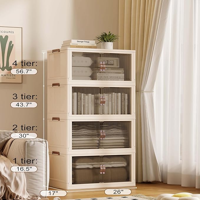 SAILUN 116Gal/464Qt Stackable Storage Bins Folding Collapsible Storage Bins with Lid, Closet Organizers and Storage Box Beige 26" W x 17" D x 56.7" H