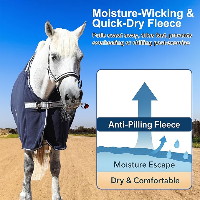 Horse Fleece Cooler, Blanket Liner - 300g Anti-Pilling Fleece, Moisture-Wicking, Cooling & Drying for Post-Workout, Bath & Travel, Prevent Overheating & Chilling Navy 69