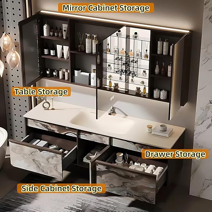 56in Bathroom Vanities Set - Bathroom Vanity with Sink, Tall Storage, Smart Defogging Mirror, Integrated Sink & 2 Large Drawer | Floating Cabinet