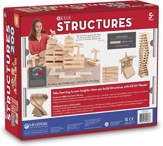 KEVA Structures 200 Wood Building Planks Set - Building Toy Includes 200 Wooden Blocks and Idea Book - Ages 5 and Up