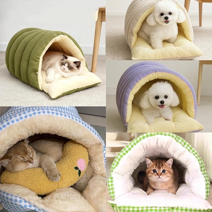 Expectation Cat Bed, Removable and Washable Winter Closed-Off Cat Bed, Soft Fluffy Warm Autumn/Winter Cats House, Washable Non-Slip Pet Sleeping Bag for Indoor Cats Small Dogs (B,Medium)