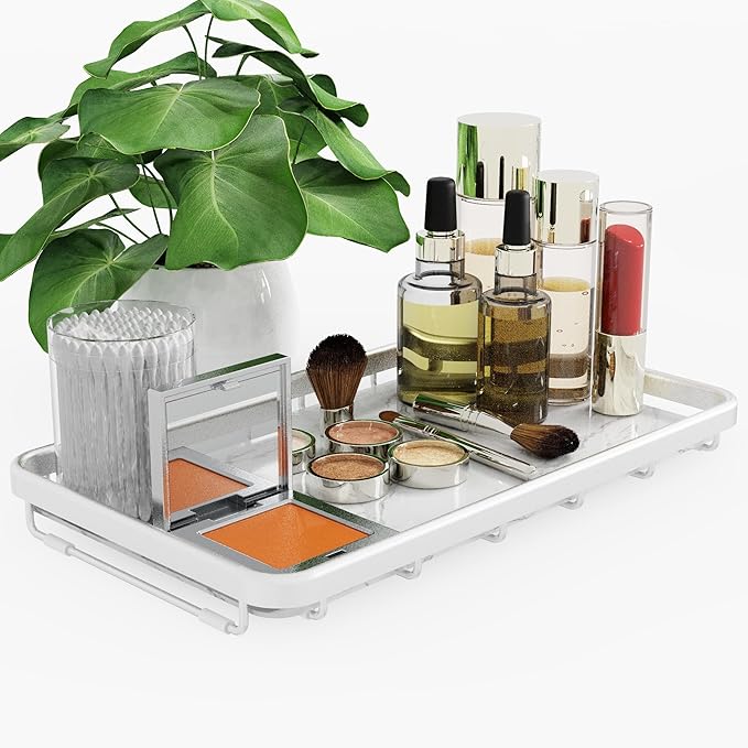 Counter Organizer for Bathroom, Kitchen or Coffee Bar, Metal Shelf with Faux Marble, Vanity Countertop Makeup Storage, Dresser Perfume Display Rack, Toilet Tank Tray (Matte Silver, 1-tier)