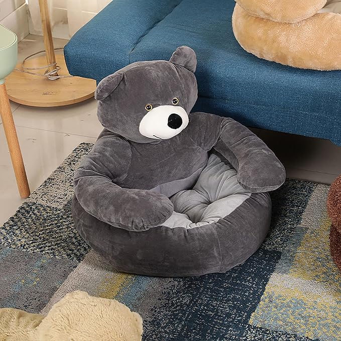 Dog Sofas & Chairs, pet Shape Sofa, Slip Resistant Dog cat Furniture, Adorable Bear Shaped Pet Sofa Bed, Washable Dog cat Couch, Plush Soft Couch for Dogs and Cats L(bottomDiameter55cm) Grey