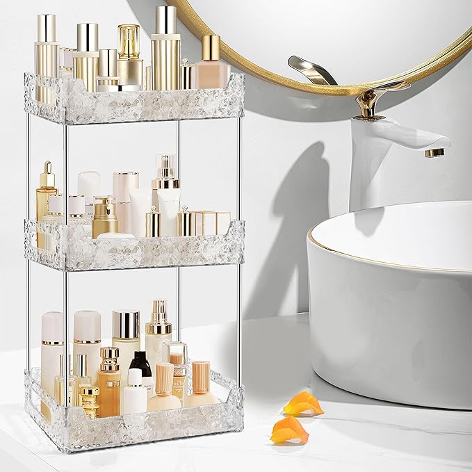 3-Tier Bathroom Counter Organizer Countertop Storage, Dresser Organizer Vanity Tray for Makeup, Perfume Organizer Cosmetics Skincare Shelf - Clear