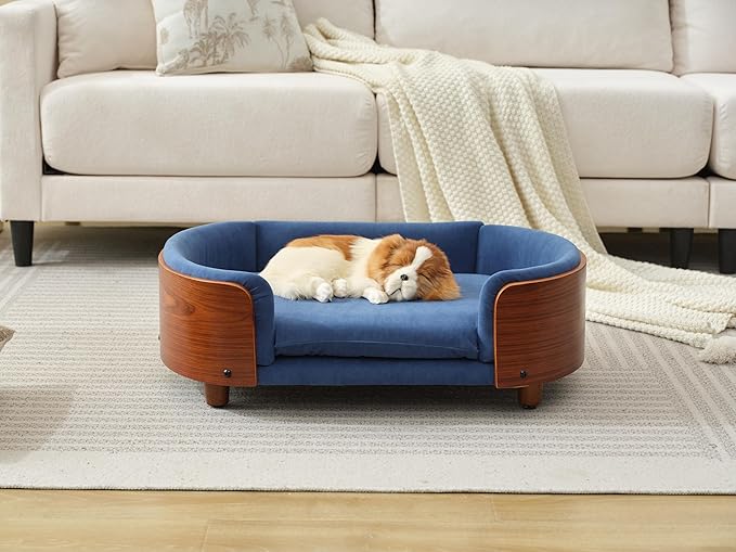 Scandinavian Style Elevated Dog Bed with Solid Wood Frame, Orthopedic Pet Sofa with Removable Washable Cover, Small Size Pet Furniture (Dark Blue + Brown)
