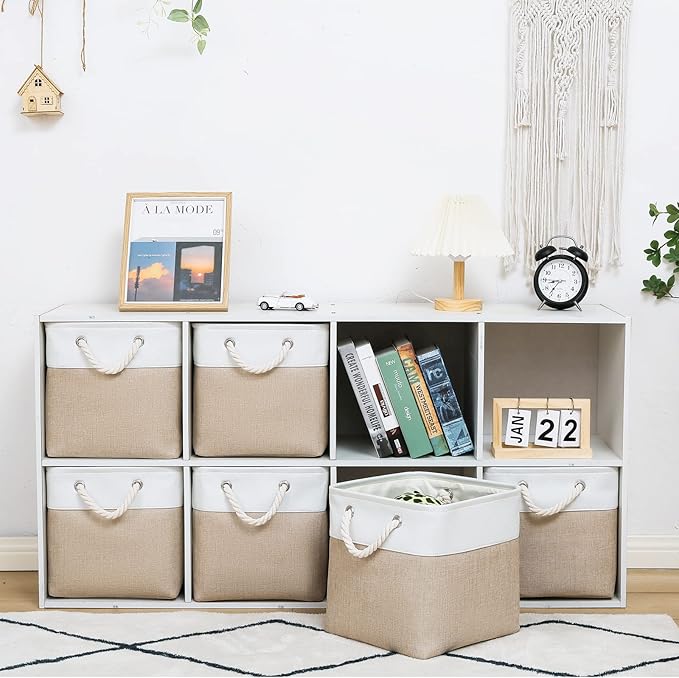 11 x 11 Inch Cube Storage Bins, 6 Pack Large Collapsible Fabric Storage Bin with Ropes, Foldable Storage Cubes for Home, Office,Closet, Clothes, Toys Organizer (White & Beige-11"x11"x11")