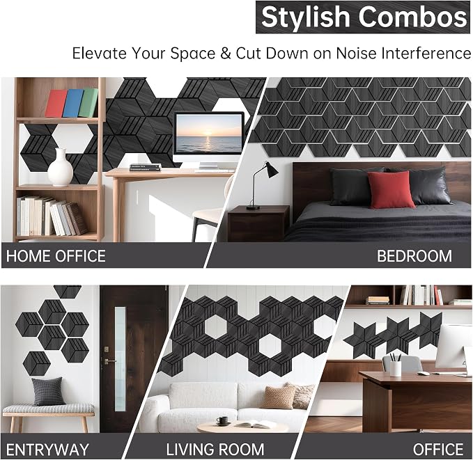 Mollywell Acoustic Panels, PVC Wood-Grain, 14x12 Inch Hexagon Carved Sound