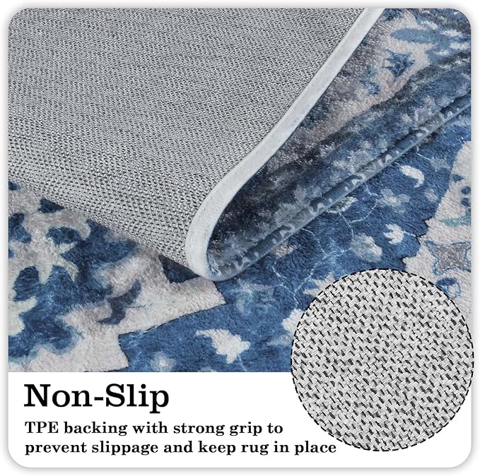 Uphome Boho Vintage Large Bathroom Rugs Blue Non-Slip Soft Hallway Runner Traditional Tribal Machine Washable Bedroom Rug Oriental Floral Aesthetic Floor Mat for Entryway Kitchen Laundry, 24x71 inch