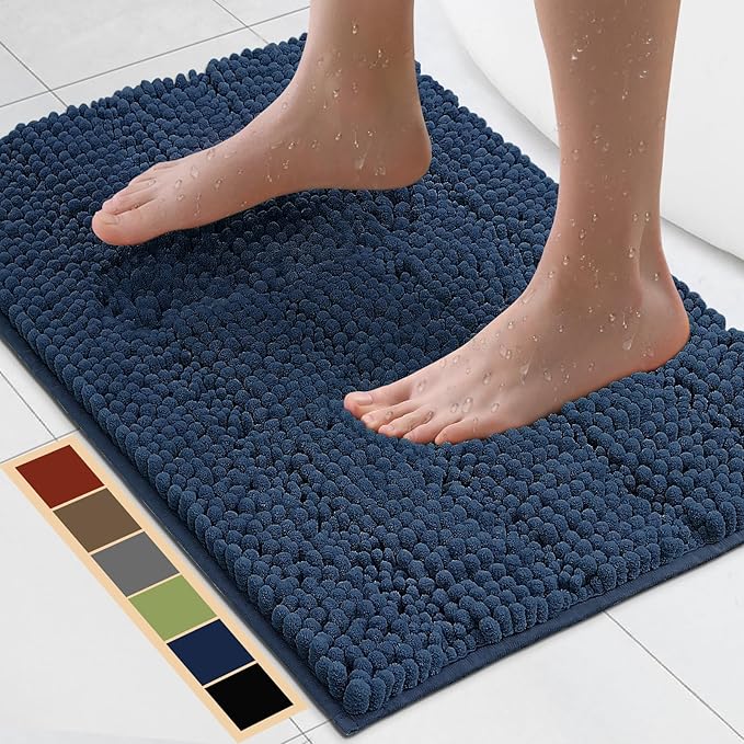 Bcoimo 24"×17" Chenille Bath Mat – Non-Slip with Backing Bath Rug Ultra-Absorbent and Machine Washable Bathroom Mat Quick-Dry Design. Ideal for Bathroom and Tub Areas