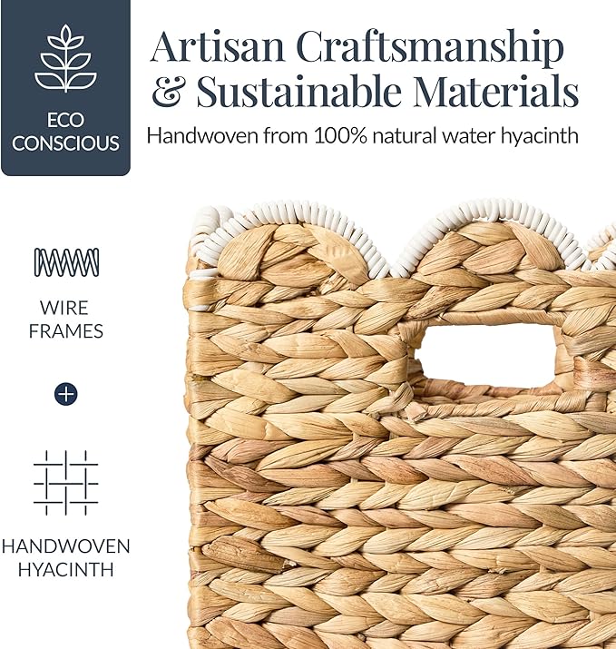 Best Choice Products 12 x 12in Scalloped Hyacinth Baskets, Rustic Set Of 5 Multipurpose Collapsible Storage Organizer, Handwoven Laundry Totes for Bedroom, Living Room, Shelves - Natural w/White Trim