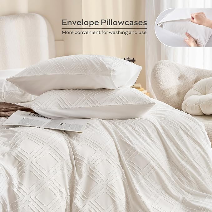 JELLYMONI Duvet Cover Super Queen Size White - 3PCS Boho Duvet Cover Set Plaid Polyester Tufted Bohemian Jacquard Knit Textured Comforter Cover 98×90in Rhombic Geometric Pattern Zipper Corner Tie
