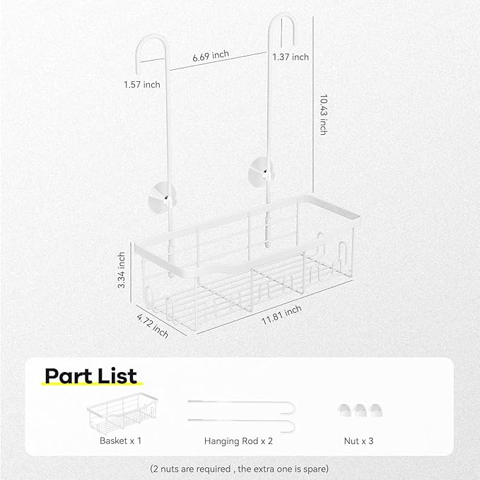 BYT Shower Caddy Hanging, Organizer Hanging for Bathroom, Shower Basket with Hooks, Shower Storage, Shelf, Rack No Drilling for Faucet or Cross Bar (White)