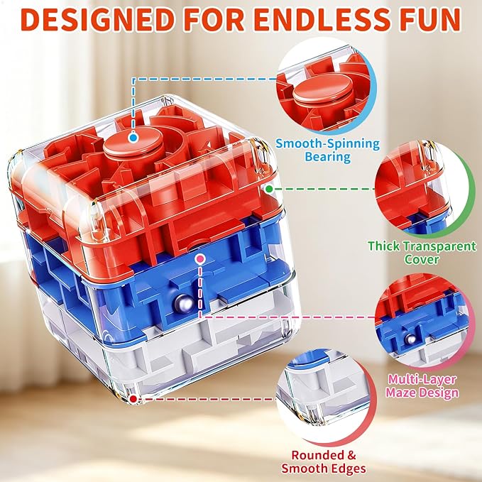 Infowush 2-in-1 Fidget Spinners Maze Cube - Fidget Toys for Kids & Adults | 3x4 Cube, Stress Relief Sensory 3D Brain Teaser Puzzle Cube, Board Game, Travel Toy, Birthday Gift for Boys Girls Ages 3 & Up
