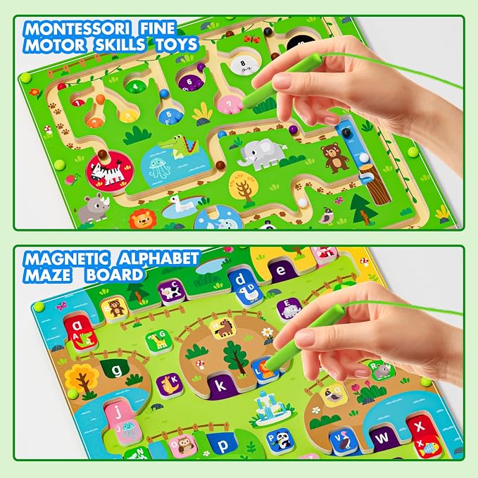 rifamee 2 in 1 Magnetic Color and Number Maze Magnet Alphabet Counting Double Sided Board Wood Puzzle Fine Motor Skills Montessori Preschool Toys Gifts for Boys and Girls 3-5 Age (Big Zoo, One Size)