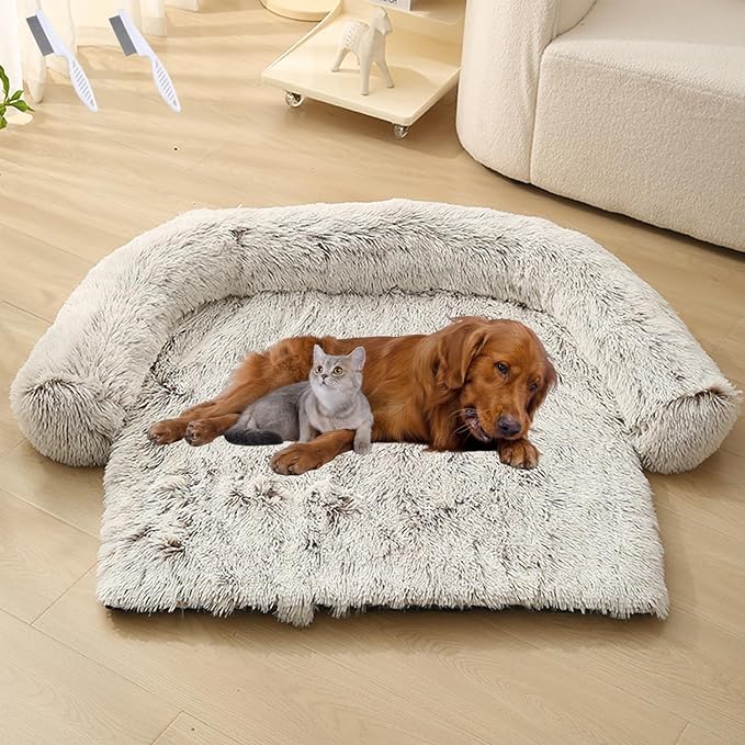 Dream Cloud Pet Sofa Bed for Dogs Cats, 2026 Washable Removable Calming Fluffy Plush Mat for Furniture Protector, Long Fur Non-Slip, for Small/Medium/Large Home Pets (Coffee, M: 33.5 * 28.3IN)