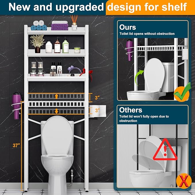 Over The Toilet Storage Cabinet,4 Tier Bathroom Organizer and Storage With Adjustable Shelf Waterproof Feet Pad and Basket Multifunctional Space Saver Freestanding Bathroom Shelves With Dividers White