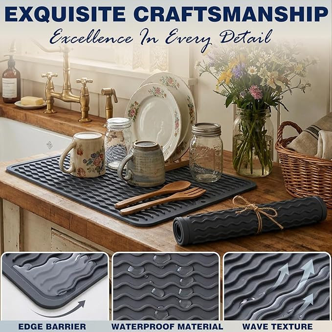 CAKETIME 2 Pack Silicone Dish Drying Mat for Kitchen Counter Under Sink Protector Organizers Cooking Baking Espresso Machine Accessories Appliance Stone Rack Trays Drain Extra Large 18"*16" Black