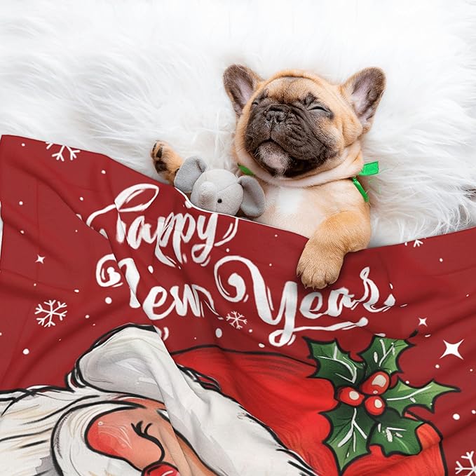 Happy New Year Throw Blanket - Red Xmas Blanket for Dog Cat Pet 40x30 Santa Blankets for Couch Sofa Bed