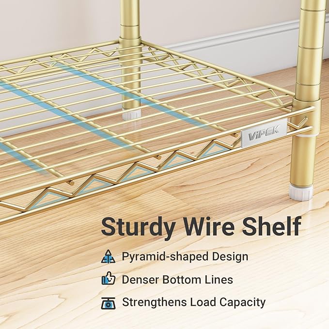 VIPEK Classic V6 Wire Garment Rack Heavy Duty Clothes Rack with 7 Adjustable Shelves & 4 Hanging Rods, Compact DIY Metal Clothing Racks 68.9" L x 15.7" W x 76.4" H, Max Load 840LBS, Gold