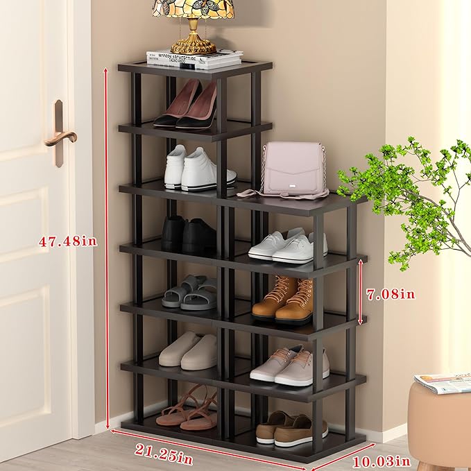 Vertical Shoe Rack - Tall Narrow Shoe Rack Organizer for Small Spaces,12 Tier Bamboo Shoen Shelf for Entryway,Closet,Corner,Doorway,Skinny Shoe Shelf Space Saving Shoe Storage,Free Stackable DIY
