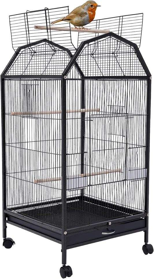 Black Wrought Bird Cage with Open-Top and Rolling Stands, 40-Inch Iron Large Bird Cage, 5 Doors Pet Birds Flight Birdcages for Mid-Sized and Small-Sized Birds