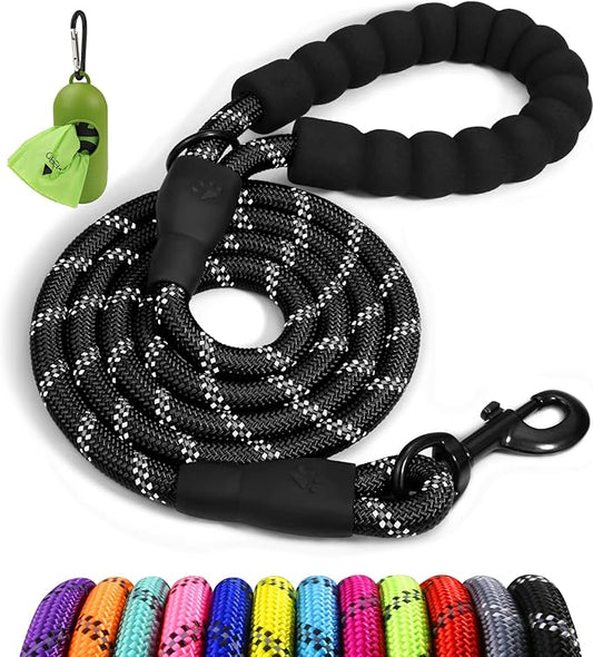 Taglory Rope Dog Leash 6 FT with Comfortable Padded Handle, Highly Reflective Threads Leash and Anti-Tangle Clip for Walking Medium Large Dogs, 1/2 inch, Black