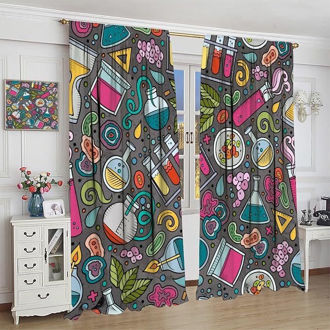 Science Physics Curtains, Abstract Math Chemistry Curtain Scientist Graffiti Print Window Treatments for Kids Teens Bedroom Living Room Set 2 Panels,42x54 Inches, Style-3