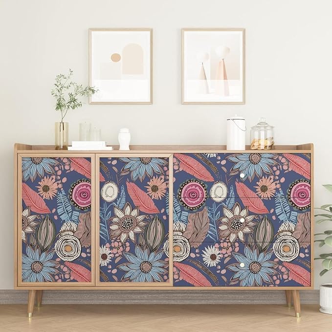 Blue Pink Wallpaper Peel and Stick, Vintage Boho Floral Contact Paper 17.5" x