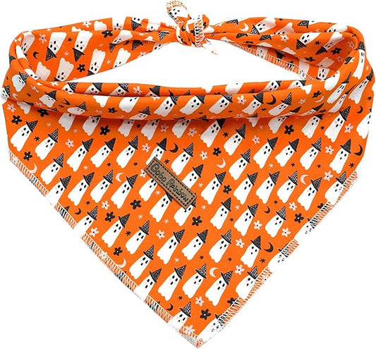 Dog Bandana, 1PC Orange Ghost Print Dog Bandanas Halloween Bandanas Fall Bandanas Comfortable Bandanas Bibs Scarf Square Soft Dog Kerchief Pet Bandanas for Small Medium Large Dogs