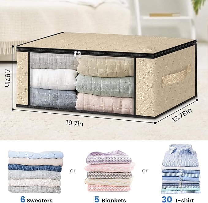 HomeHacks Storage 10-Pack Clothes Organizer Storage Bags Foldable Storage Box with Large Clear Window Sturdy Handles for Closet, Dorm, Pillows, Bedding, Clothes, Blankets, 35L, Beige