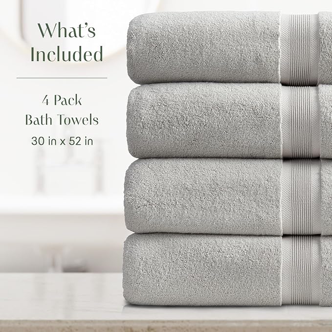 Springtree Home Luxury Bamboo Rayon Bath Towel Set of 4 | 35% Bamboo Rayon - 65% Cotton | Absorbent Quick-Dry Towels for Bathroom | Oeko-TEX Standard 100 Cotton | Grey - 4 Pack