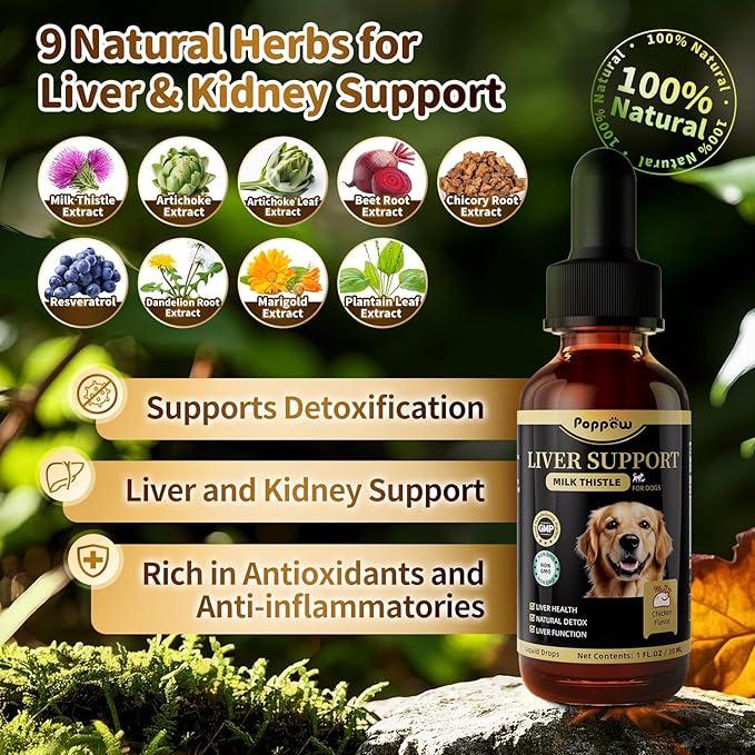 (2 Pack) Poppaw Milk Thistle for Dogs – 9-in-1 Liver & Kidney Support with Artichoke, Resveratrol, Marigold Extract, 100% Natural Detox Herbal Supplement, Chicken Flavor, 2 Oz