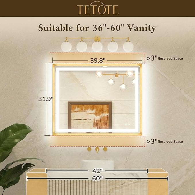 TETOTE 40 x 32 Bathroom LED Mirror Brushed Gunmetal Gray Frame Frontlit & Backlit Vanity Mirror Anti-Fog Stepless Dimmable 3 Colors White/Warm/Natural Wall-Mounted