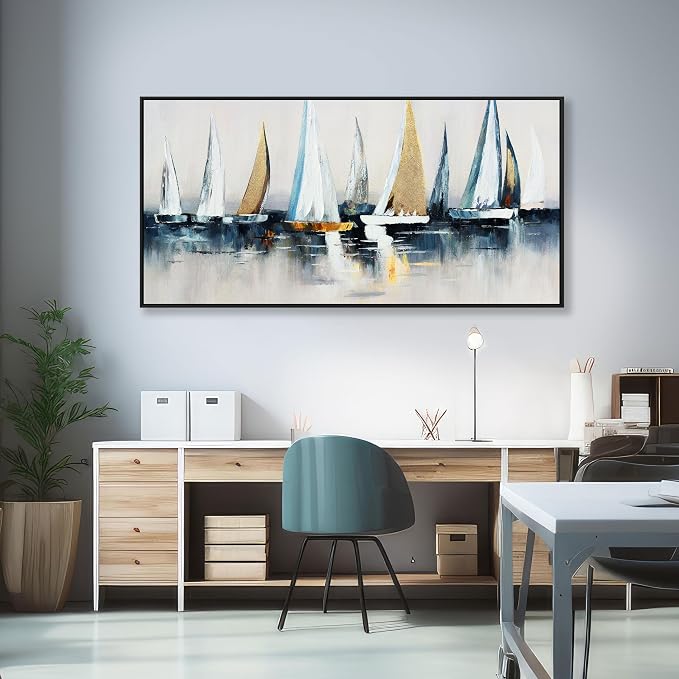 Abstract Wall Art Blue and White Sailboat Wall Paintings Framed Artwork