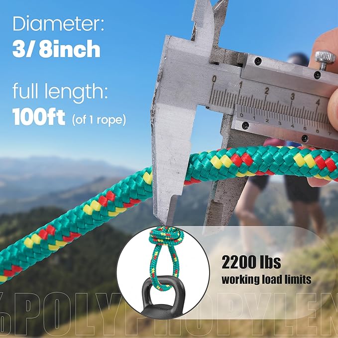 100 ft 3/8 Inch Diamond Braided Polypropylene Rope, Poly Clothesline, All-Purpose Utility Cord Tie Down Ropes for Craft Marine Boat Camping Indoor Outdoor, Green&Blue