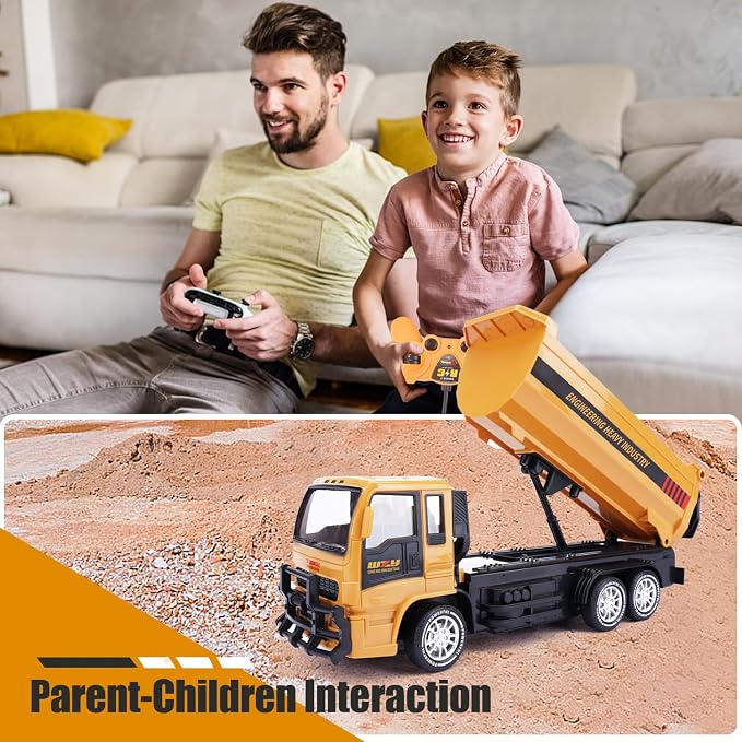 Remote Control Dump Truck for Kids, 2.4GHz RC Construction Vehicle with LED Lights, 45° Dumping Function, 2 Rechargeable Batteries, Toy Truck for Boys Girls 3 4 5 6 7 8 Years Old