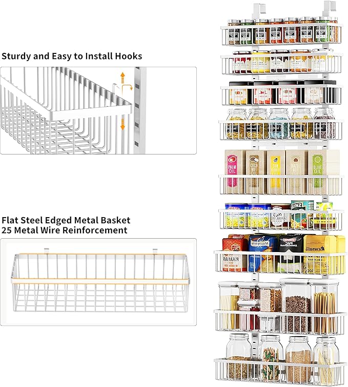 Moforoco 9-Tier White Over The Door Pantry Organizer, Pantry Organization and Storage, Black Hanging Basket Wall Spice Rack Seasoning Shelves, Home & Kitchen Bedroom Bathroom House Essentials