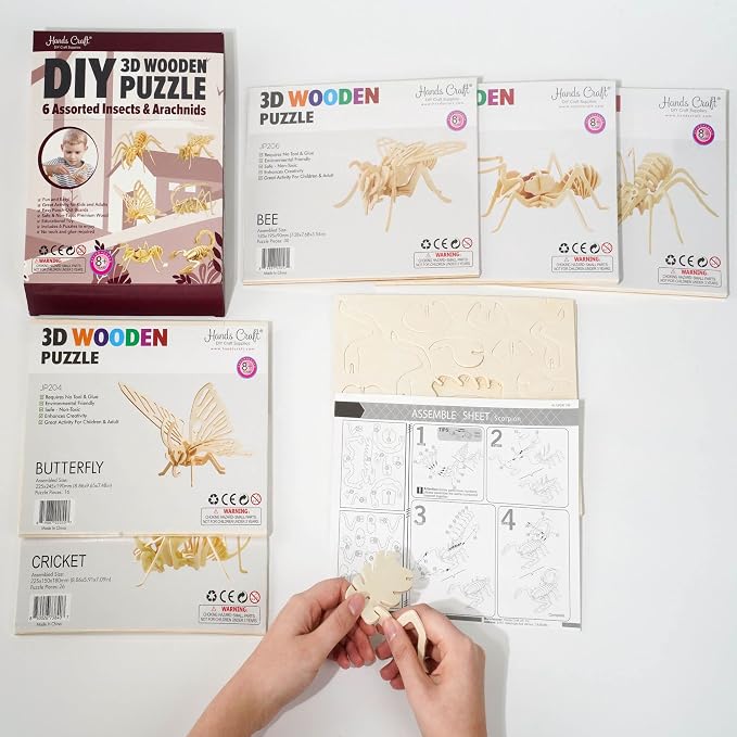 Hands Craft DIY 3D Wooden Puzzle – 6 Assorted Insects & Arachnids Bundle Pack Brain Teaser Puzzles Educational STEM Toy Adults and Kids to Build Safe and Non-Toxic Easy Punch Out Premium Wood JP2B9
