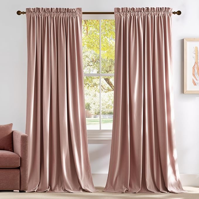 NICETOWN Dusty Pink Velvet Curtains 90 inches Long 2 Panels Set, Thermal