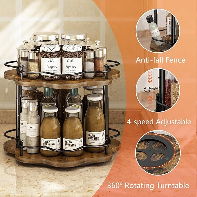 2 Tier Lazy Susan Organizer,2-Tier Spinning Spice Rack with Stable Carousel Base & 4 Height Settings for Cupboard Kitchen Countertop Dining Table Cupboard (Two-Ply(Petal Shape))