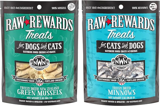 Northwest Naturals Raw Rewards Freeze-Dried Treats - Green-Lipped Mussels (2 oz) & Minnows (1 oz) Treats for Dogs & Cats - Healthy, 1 Ingredient, Human Grade Ingredients, All Natural