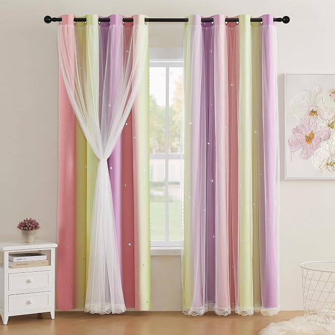 XiDi Pink Curtains for Bedroom Decor Blackout Curtains for Girl Room Rainbow