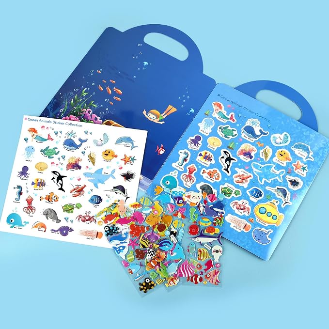 ASTARON Reusable Puffy Sticker Book，88 pcs Ocean Stickers Educational Toy | 88 pcs Reusable Sticker,Waterproof Jelly Stickers, Portable Travel Toys,Educational Sensory Learning Toy,Gift for Boy Girl